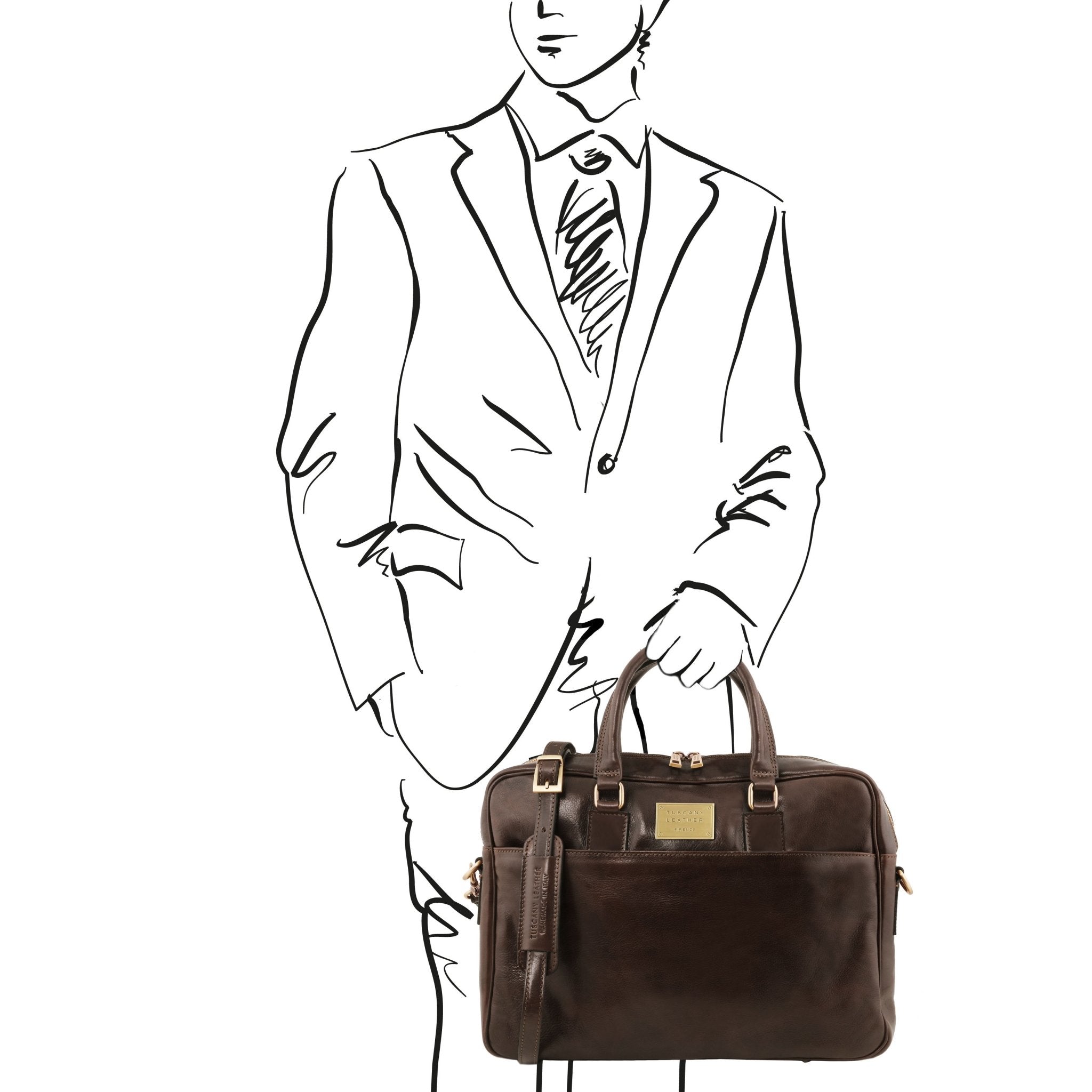 Urbino Leather Laptop Briefcase with Front Pocket, Dark Brown, sketch of man holding bag, white background - L'Atelier Global