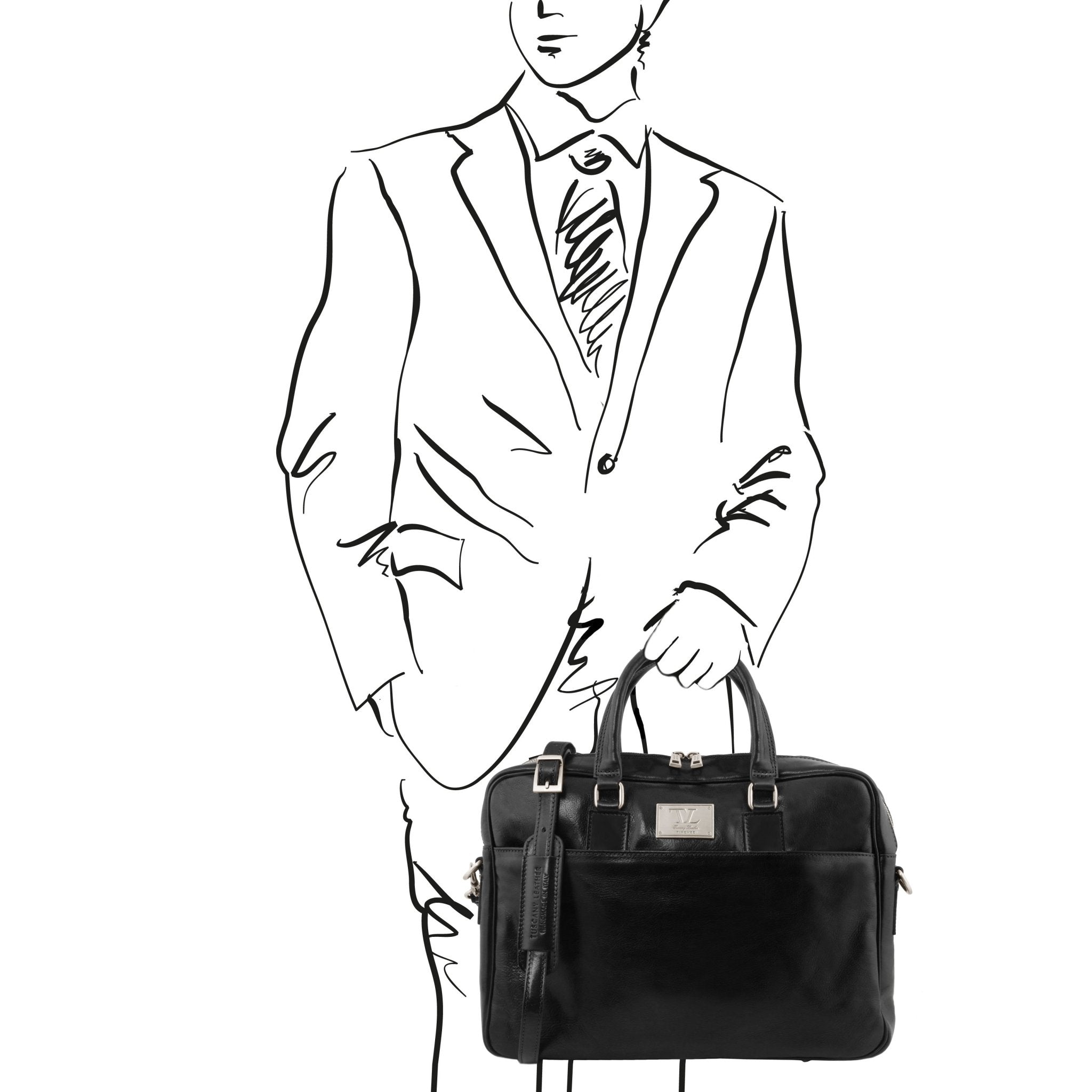 Urbino Leather Laptop Briefcase with Front Pocket in Black, sketch of man holding bag, on white background - L'Atelier Global