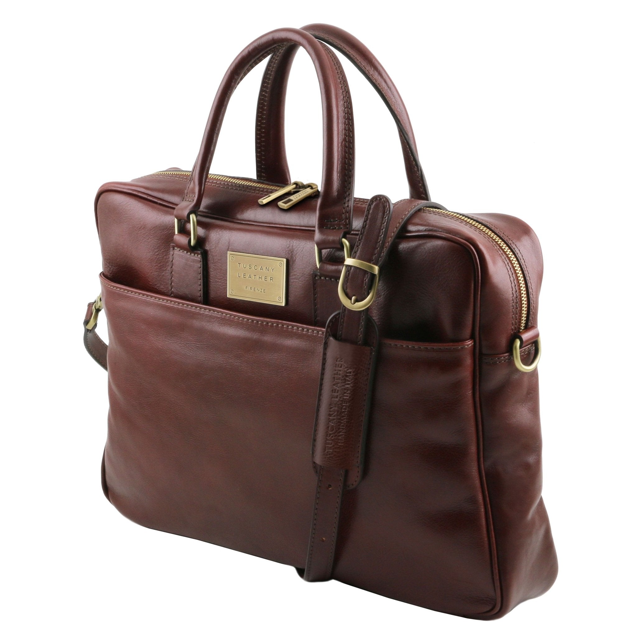 Urbino Leather Laptop Briefcase with Front Pocket in Brown, side view, on a white background - L'Atelier Global