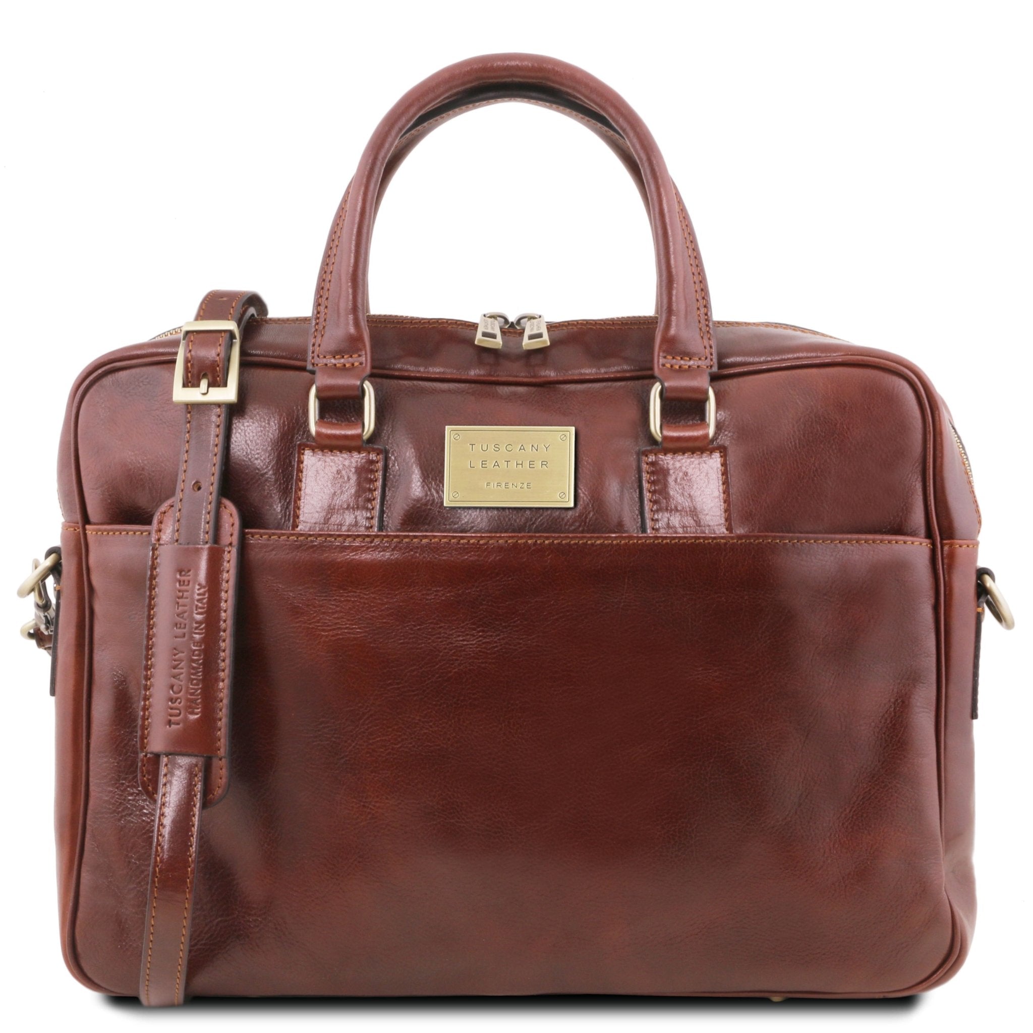 Urbino Leather Laptop Briefcase with Front Pocket in Brown, front view, on a white background - L'Atelier Global