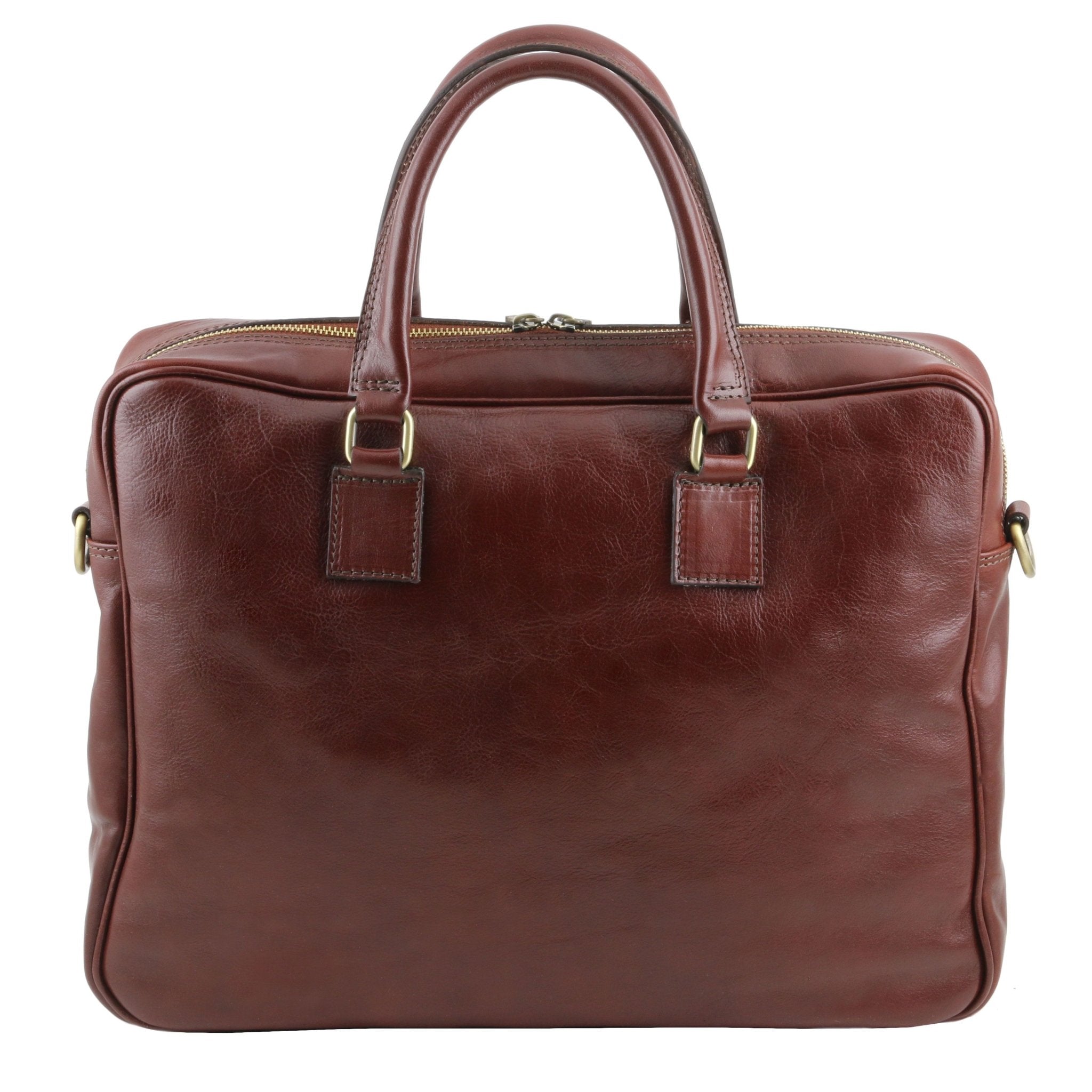 Urbino Leather Laptop Briefcase with Front Pocket in Brown, back view, white background - L'Atelier Global