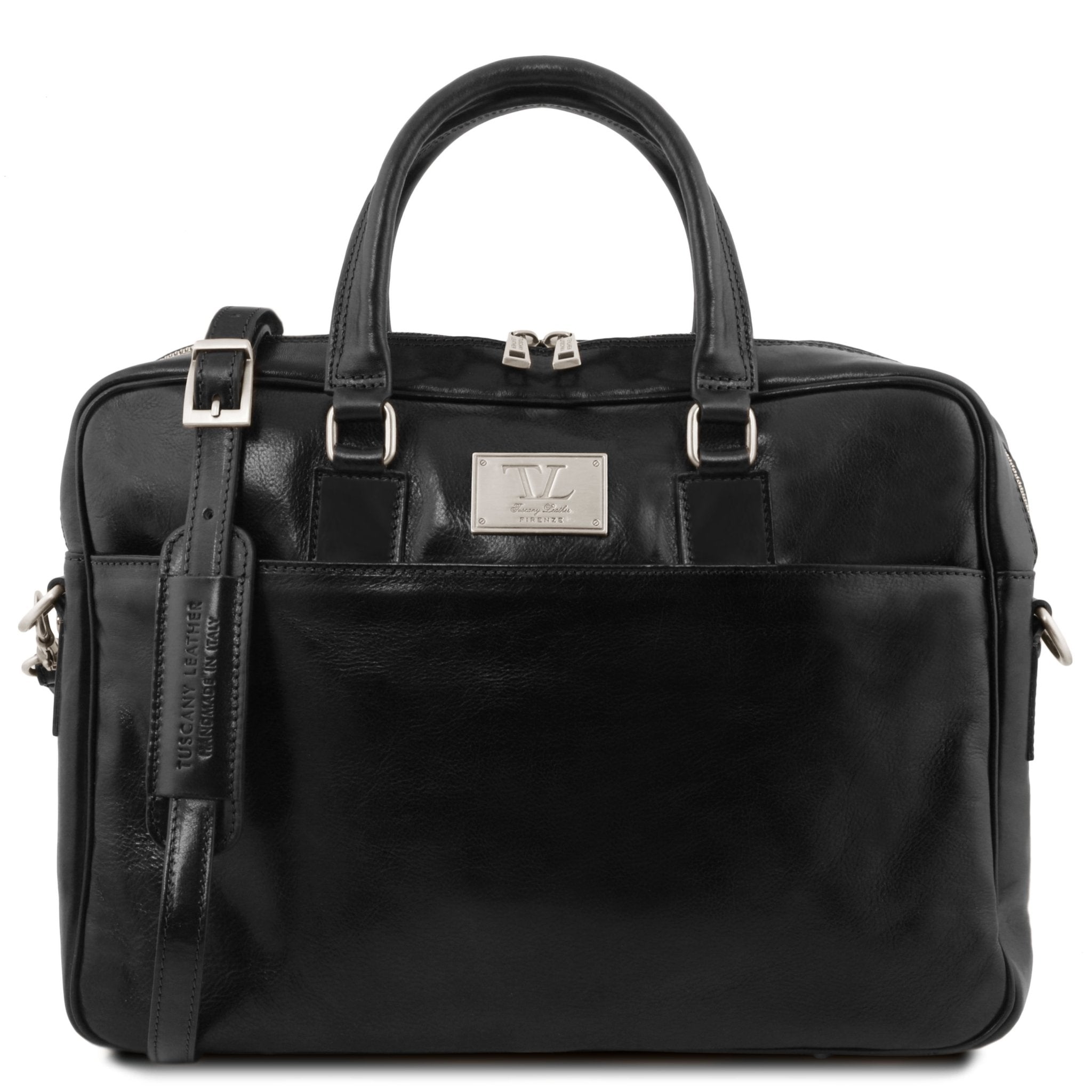 Urbino Leather Laptop Briefcase with Front Pocket in Black, front view, on a white background - L'Atelier Global