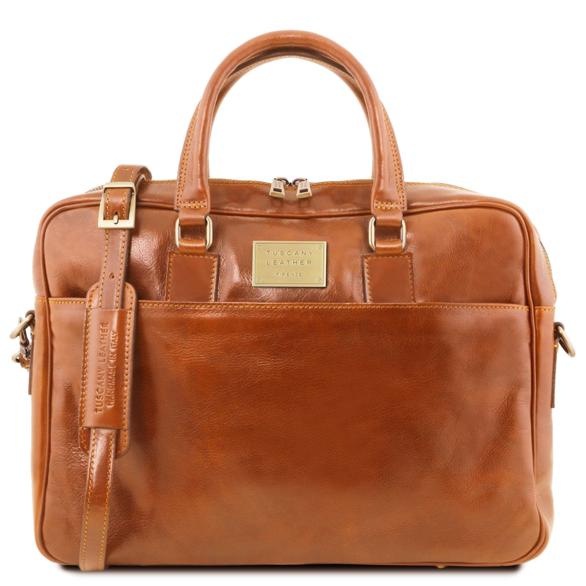 Urbino Leather Laptop Briefcase with Front Pocket in Cognac, front view, on a white background - L'Atelier Global