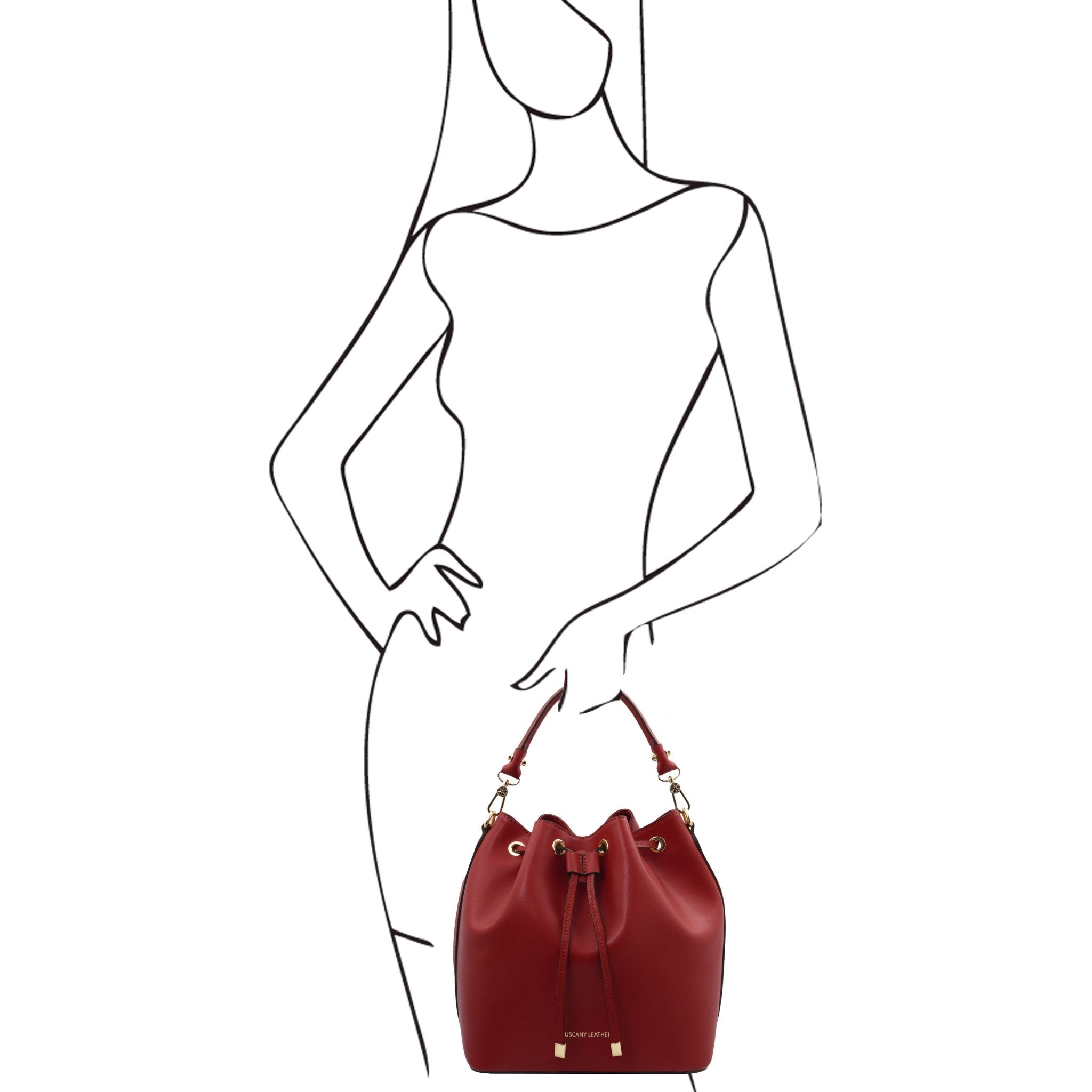 Sketch of a woman holding the Vittoria Leather Bucket Bag in red on a white background - L'Atelier Global