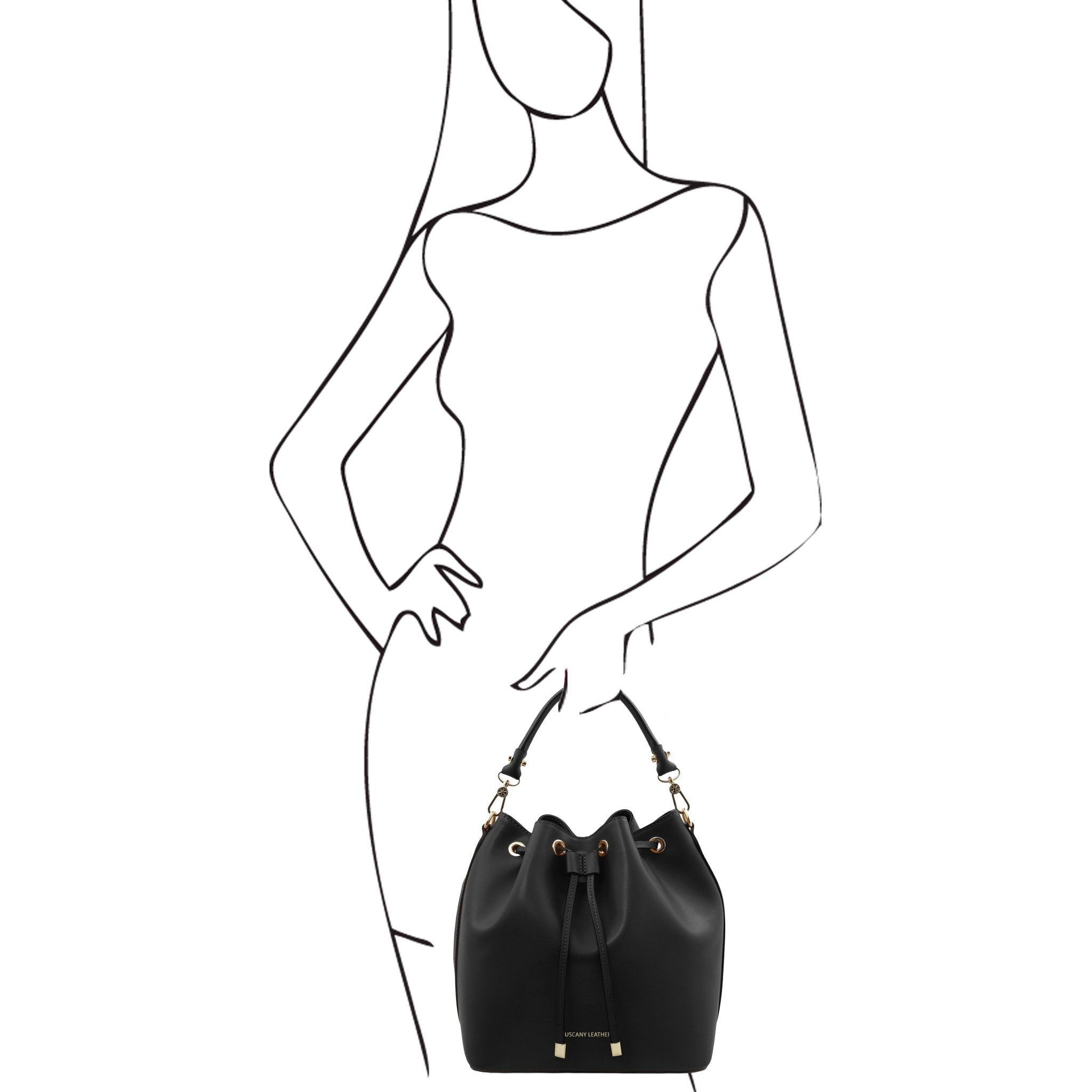 Sketch of a woman holding the Vittoria Leather Bucket Bag in black on a white background - L'Atelier Global