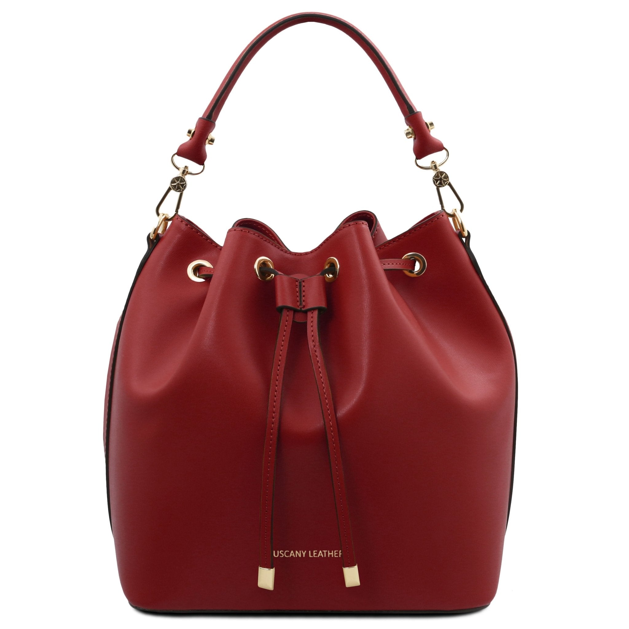 Front view of Vittoria Leather Bucket Bag in red on a lipstick red background - L'Atelier Global