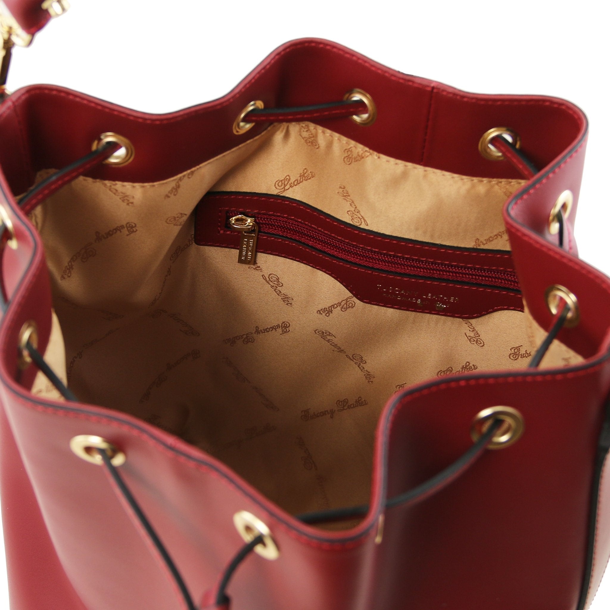 Interior open pocket view of Vittoria Leather Bucket Bag in red on a white background - L'Atelier Global