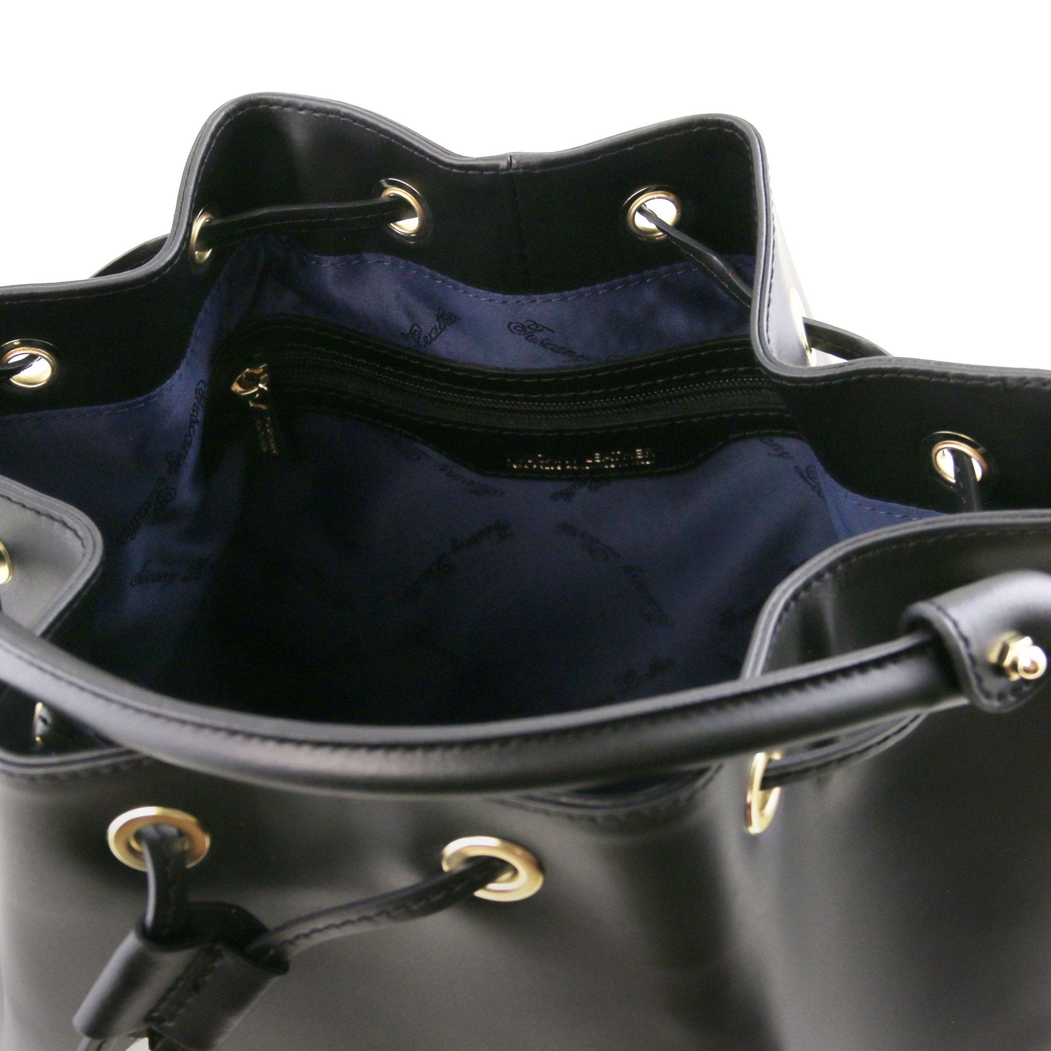 Interior zipper pocket view of Vittoria Leather Bucket Bag in black on a white background - L'Atelier Global