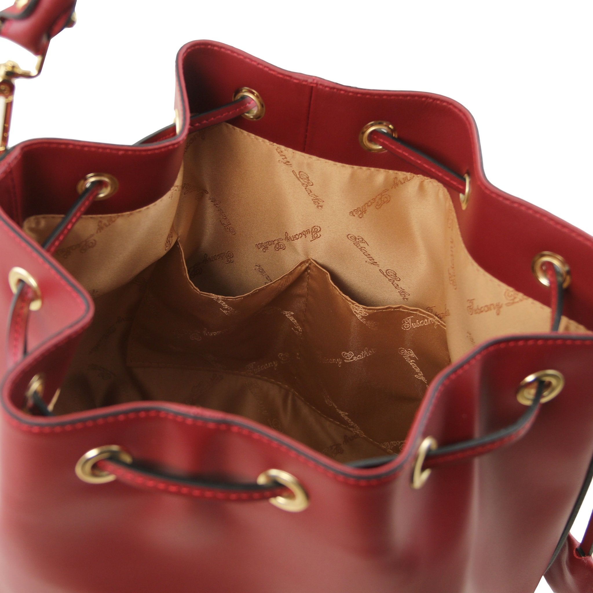 Interior open pocket view of Vittoria Leather Bucket Bag in red on a white background - L'Atelier Global